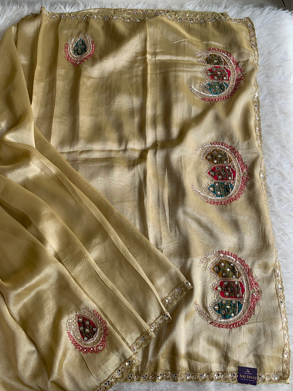Gold Tissue Saree with Zardosi, Mirror, Appliqué & Cutdana Work 5927 01