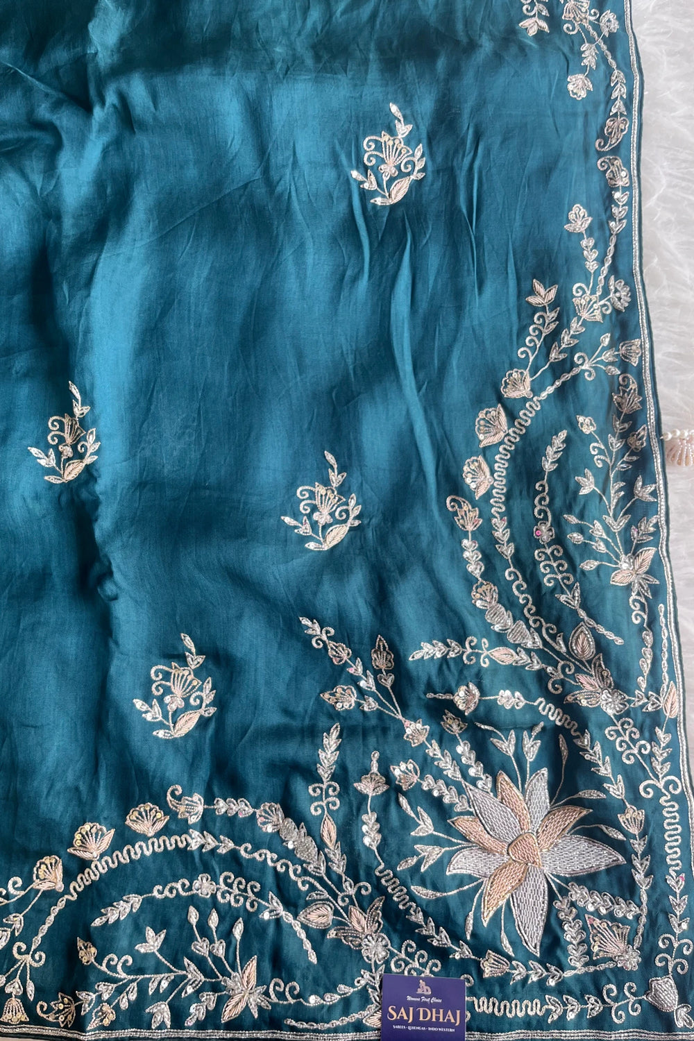Teal Kora Silk Saree with Zardosi & Aari Work 5831 02
