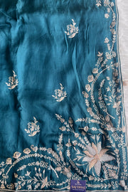 Teal Kora Silk Saree with Zardosi & Aari Work 5831 02