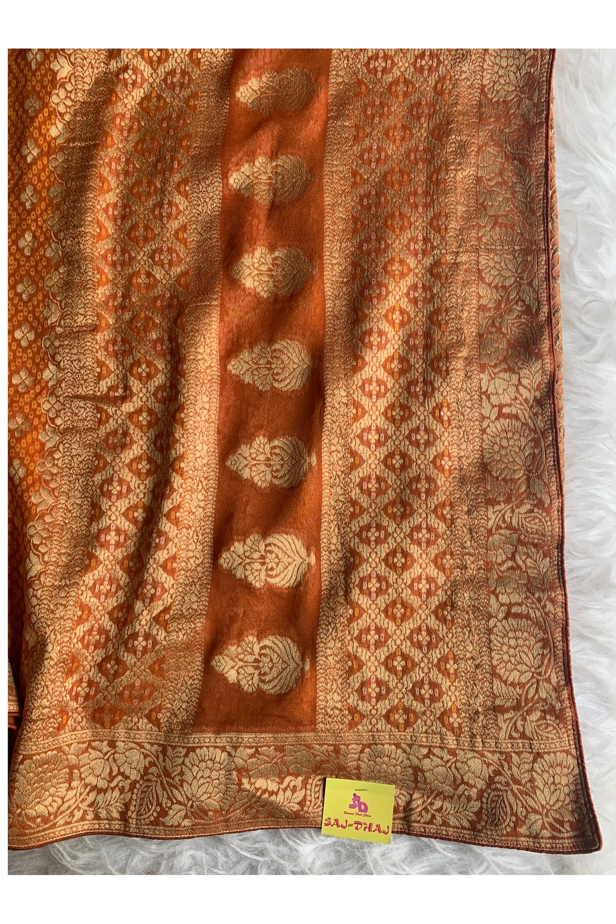 Rust Orange Banarasi Bandhej Saree