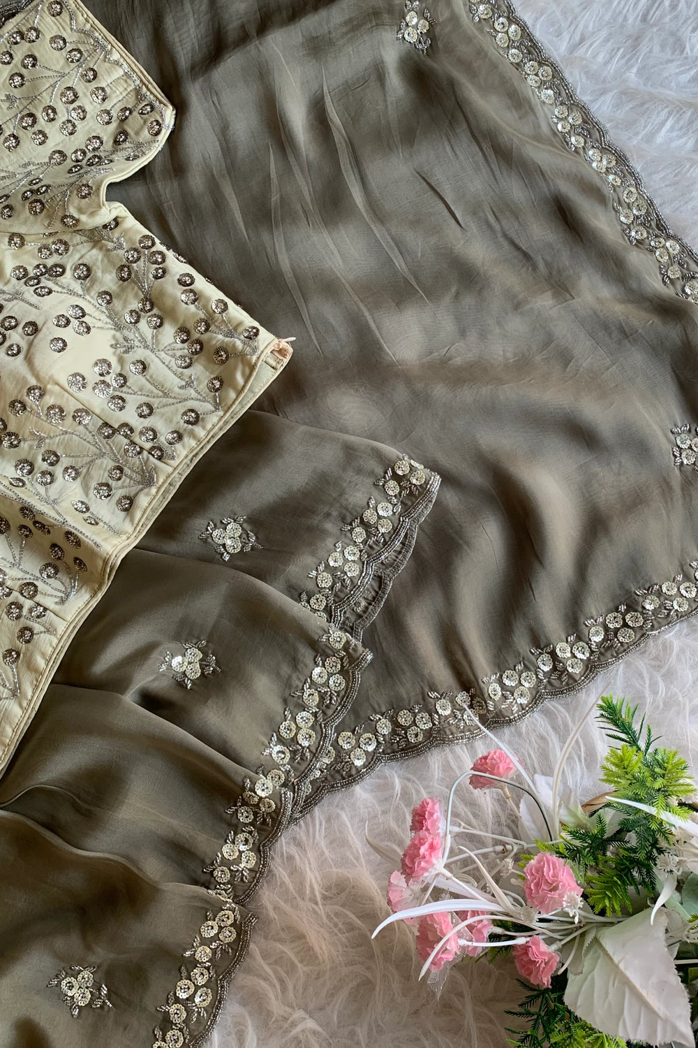 Olive Green Embellished Habutai Silk Saree 4721 01