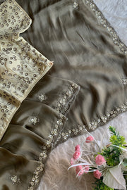 Olive Green Embellished Habutai Silk Saree 4721 01
