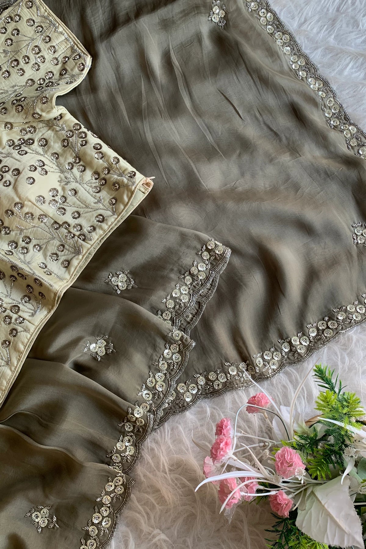 Olive Green Embellished Habutai Silk Saree 4721 01