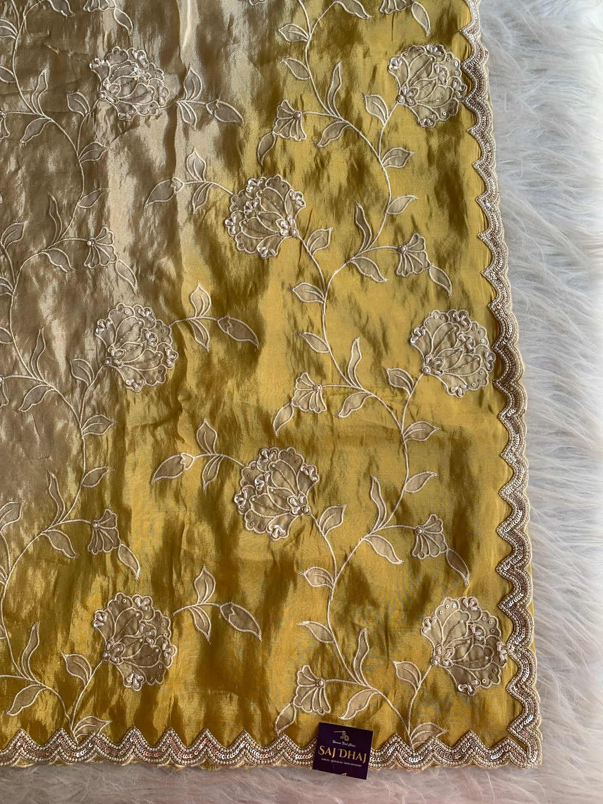 Ivory & Yellow Tissue Saree with Appliqué Work, Pearl & Sequin Scallop Border 5895 05