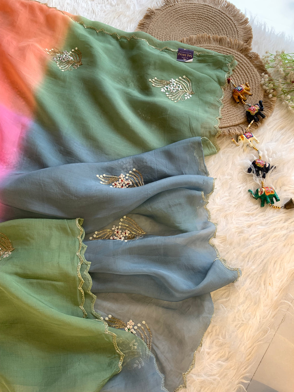 Multicolor Kora Silk Saree with Pearl & Sequin Work 5919 06