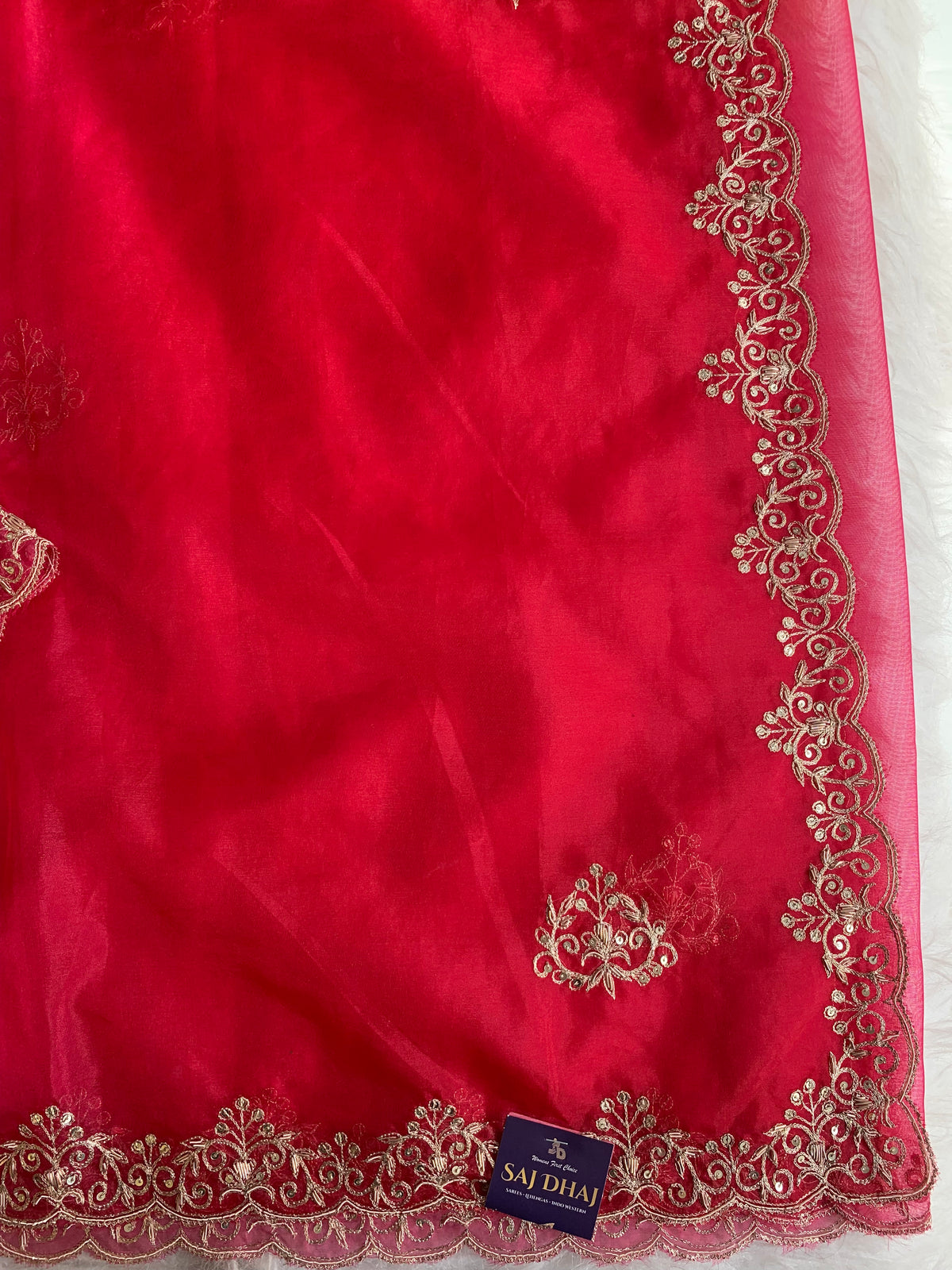 Red, Orange & Pink Shaded Organza Saree with Aari & Zardosi Work 5902 12
