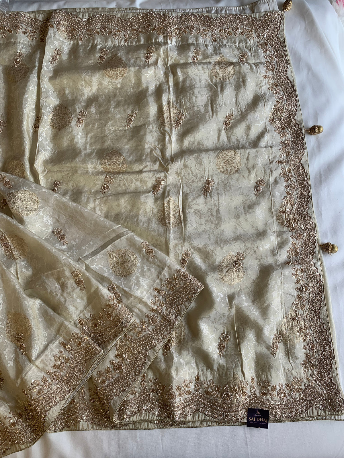 Ivory Banarasi Saree with Dori, Pearl & Sequin Work 5918 05