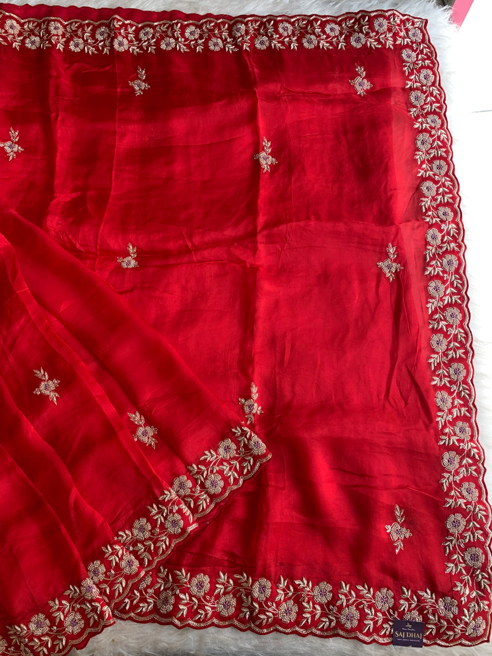 Red Habutai Silk Saree 5905 03