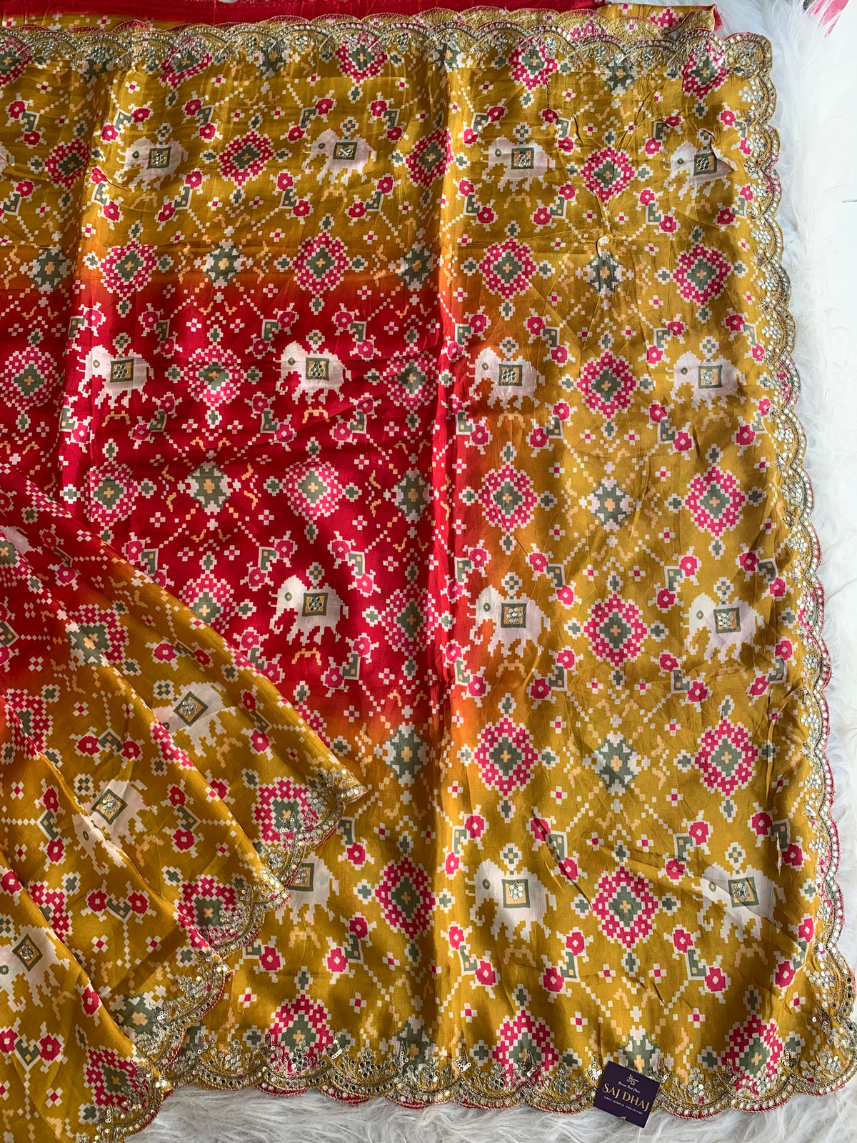 Red & Yellow Patola Modal Silk Saree with Elephant Motifs 5891 04