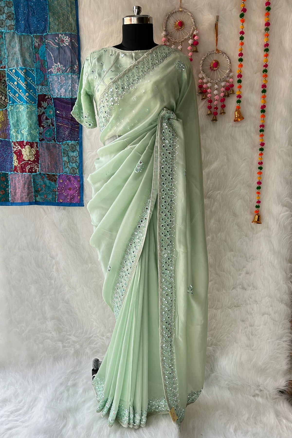 Sea Green mirror work Saree with stitched blouse 4496-06