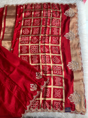 Red Habutai Silk Saree with Gharchola Pallu & Gota Zardozi Work 5901 37