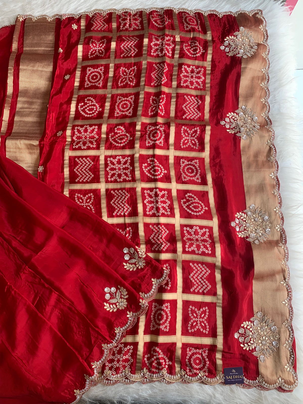 Red Habutai Silk Saree with Gharchola Pallu & Gota Zardozi Work 5901 37