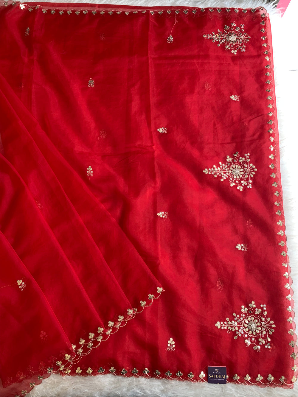 Red Organza Saree with Gota & Pearl Work 5893 07 (PRE ORDER)