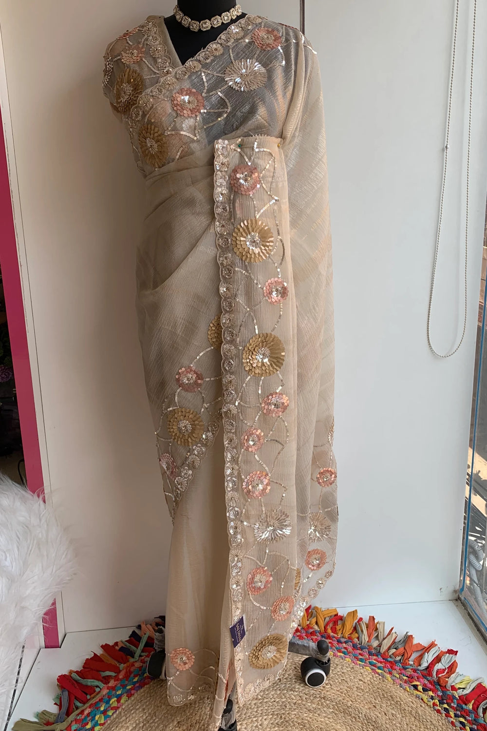Beige Textured Organza Saree 5851 01