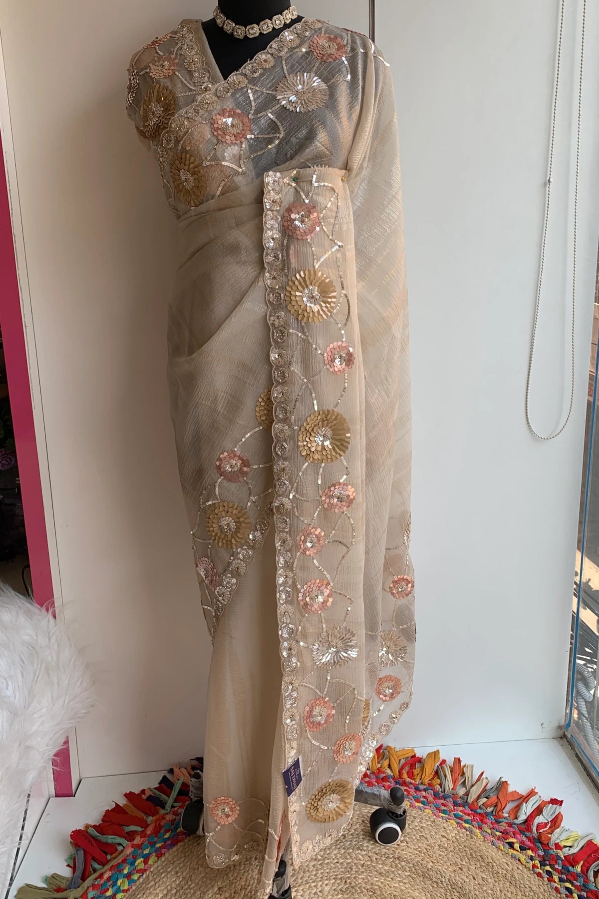Beige Textured Organza Saree 5851 01