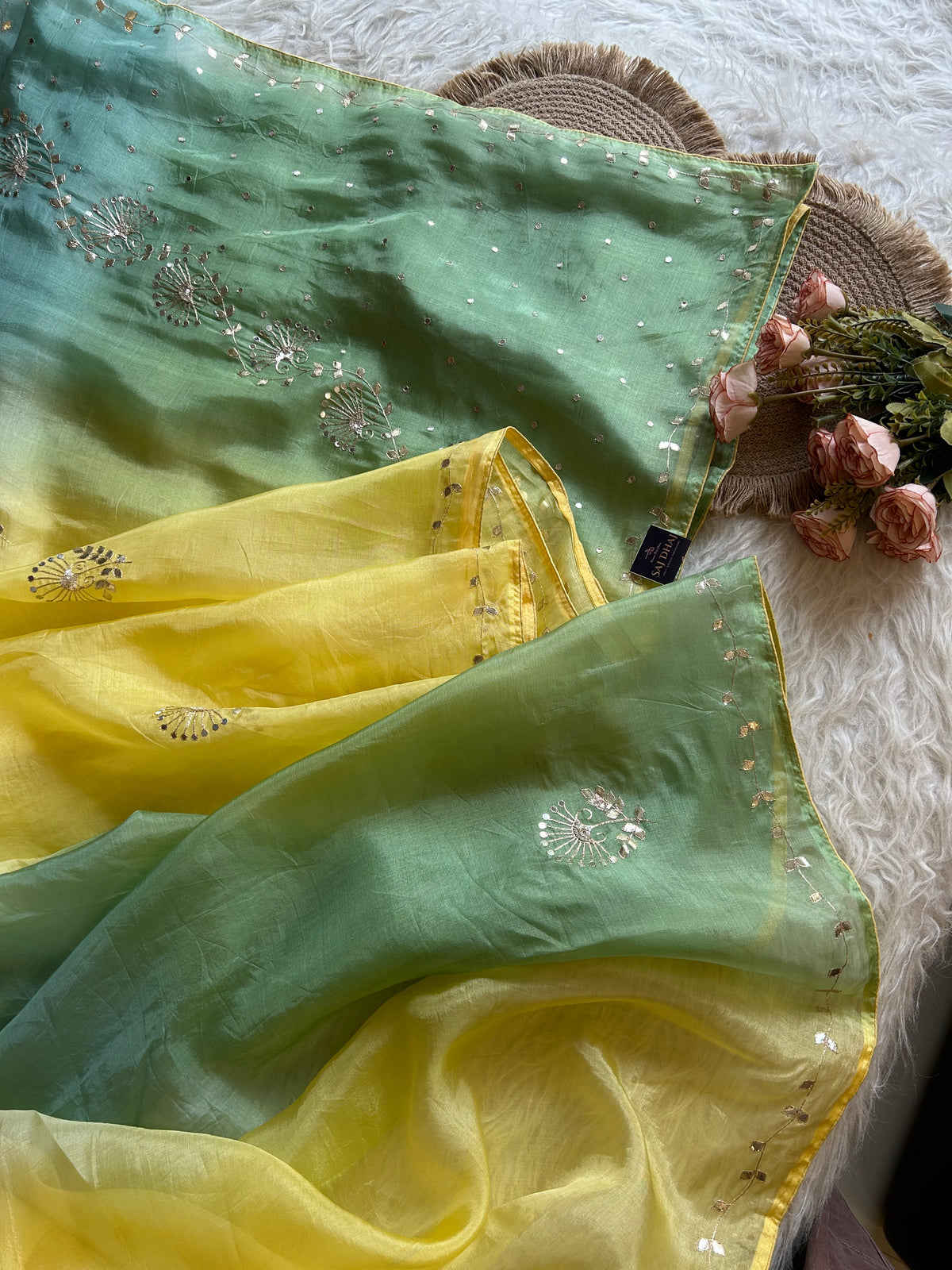 Yellow & Green Shade Kora Silk Saree 5919 10