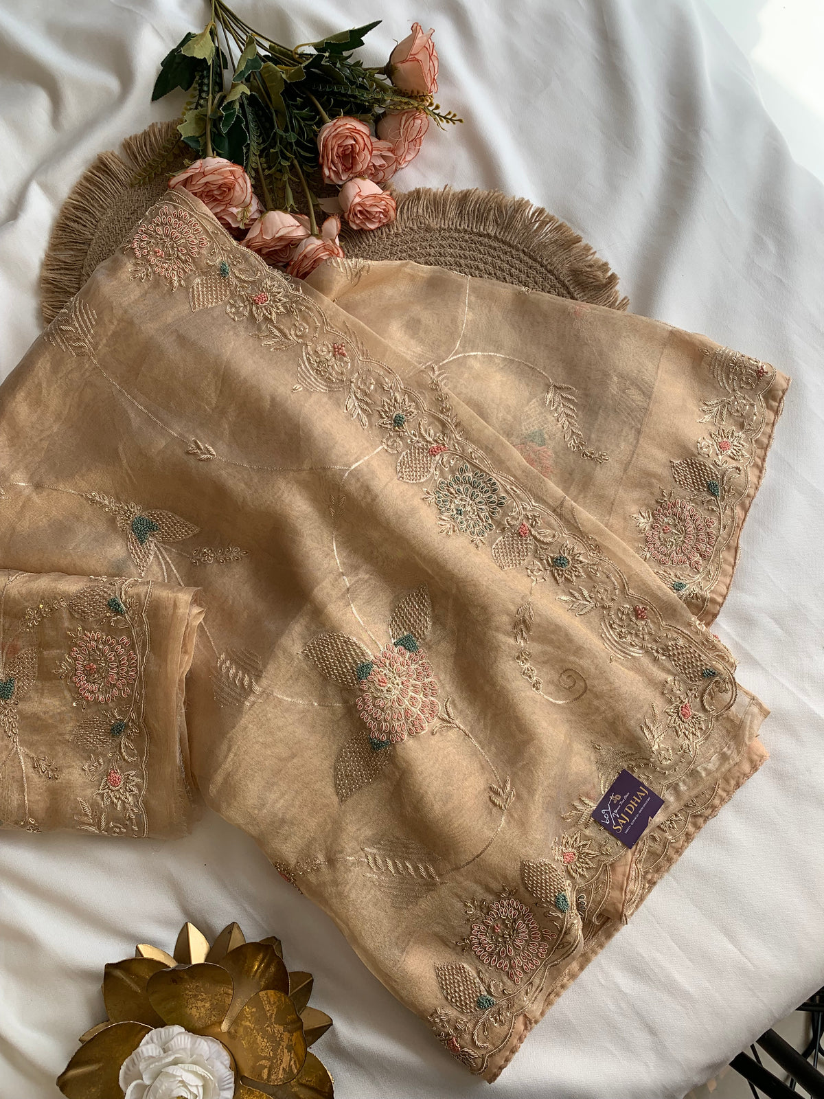 Beige Tissue Saree with All-Over Zardozi, Sequin & French Knot Work 5914 04 (PRE ORDER)