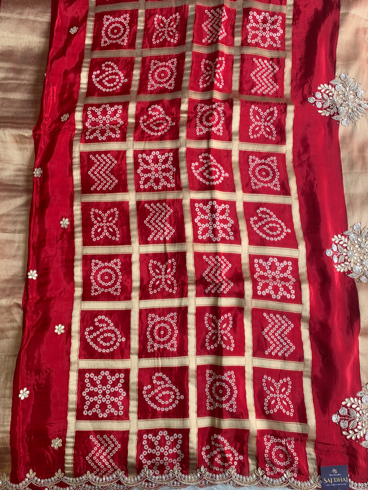 Red Habutai Silk Saree with Gharchola Pallu & Gota Zardozi Work 5901 37