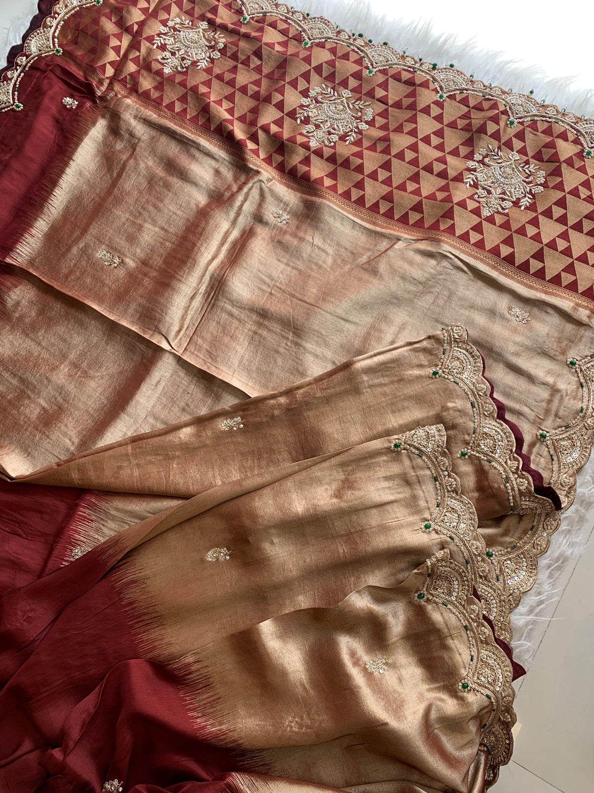 Maroon Tissue Saree with Gold Weaving & Zardosi Work 5895 09 (PRE ORDER)