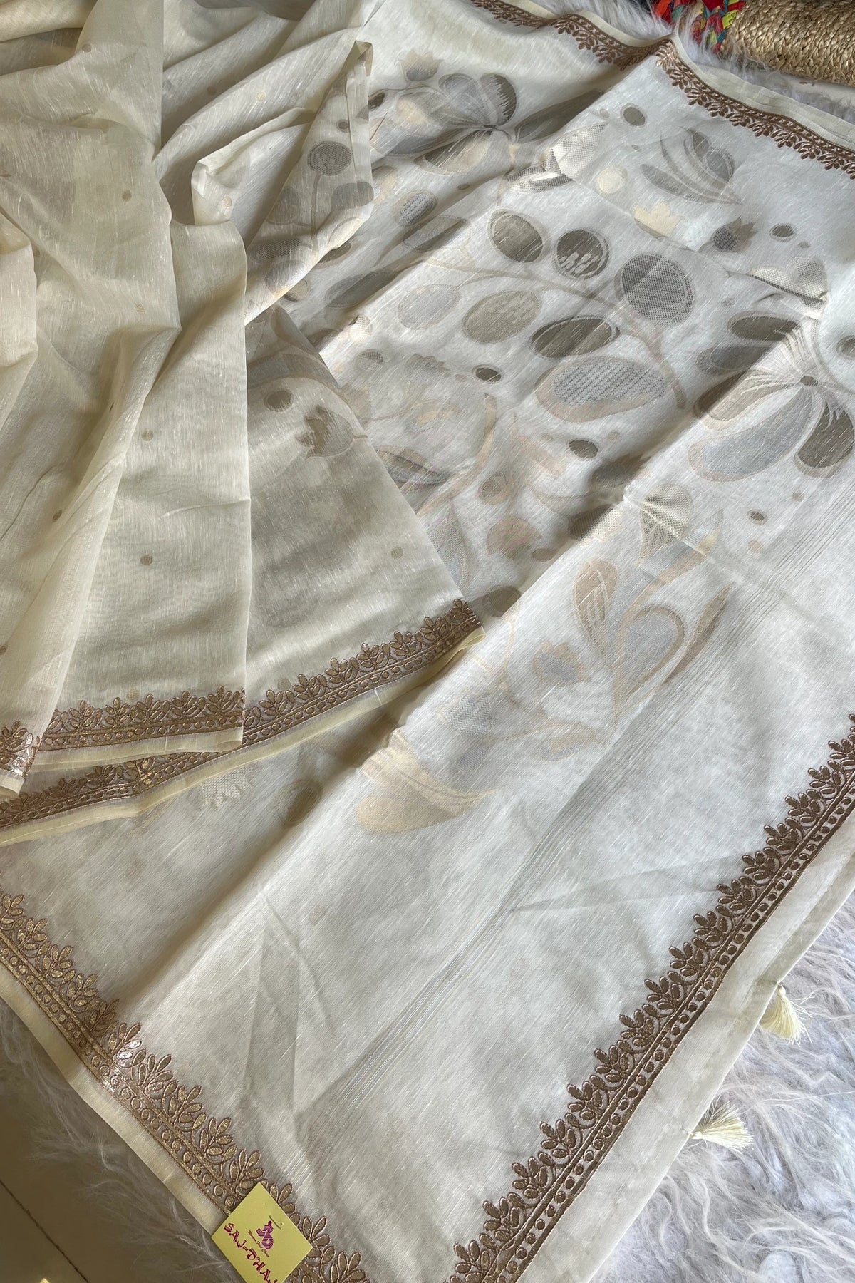 Off-White Khadi Cotton Saree with Gota Patti Embroidery 5470 03
