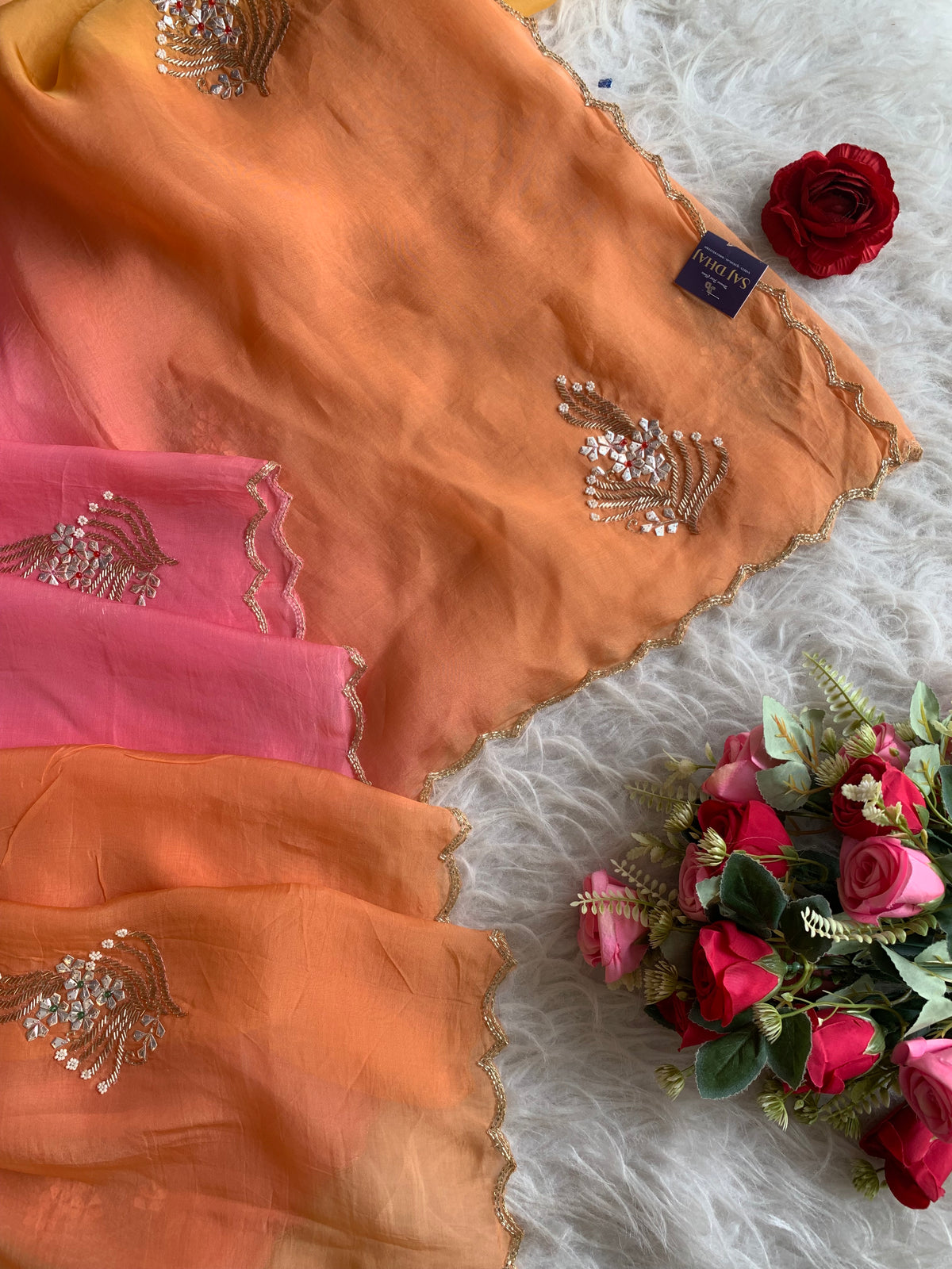 Orange, Peach & Pink Shaded Kora Silk Saree with Pearl & Sequin Work 5919 06