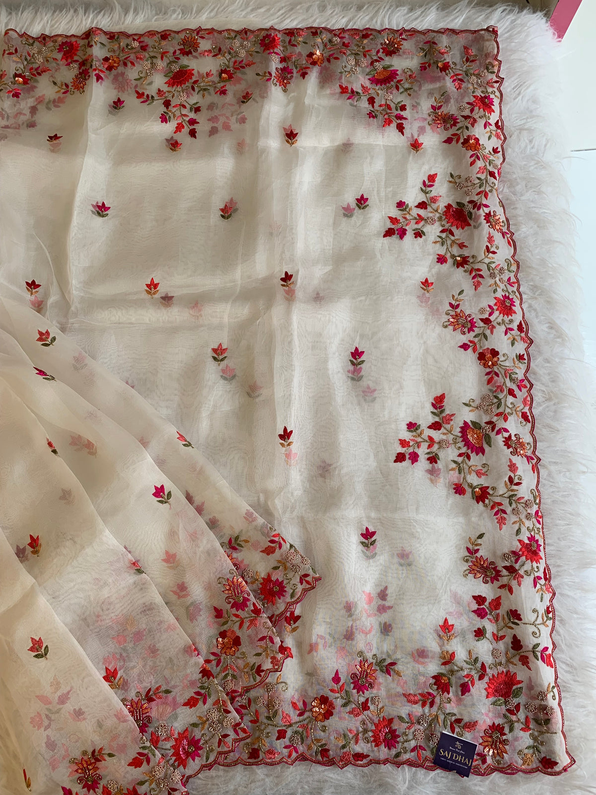 White Pure Kora Organza Saree with Colorful Floral Thread Work 5902 10