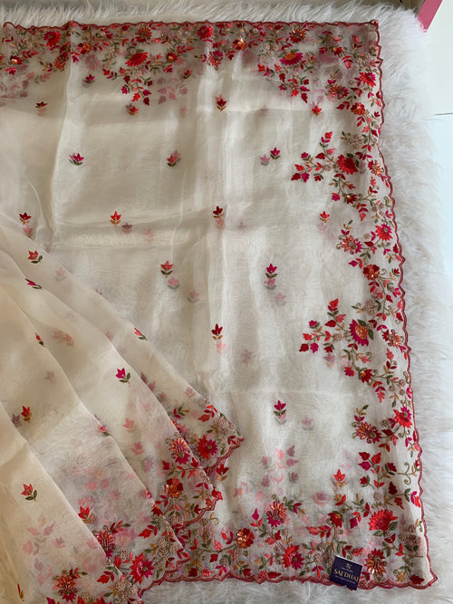White Pure Kora Organza Saree with Colorful Floral Thread Work 5902 10