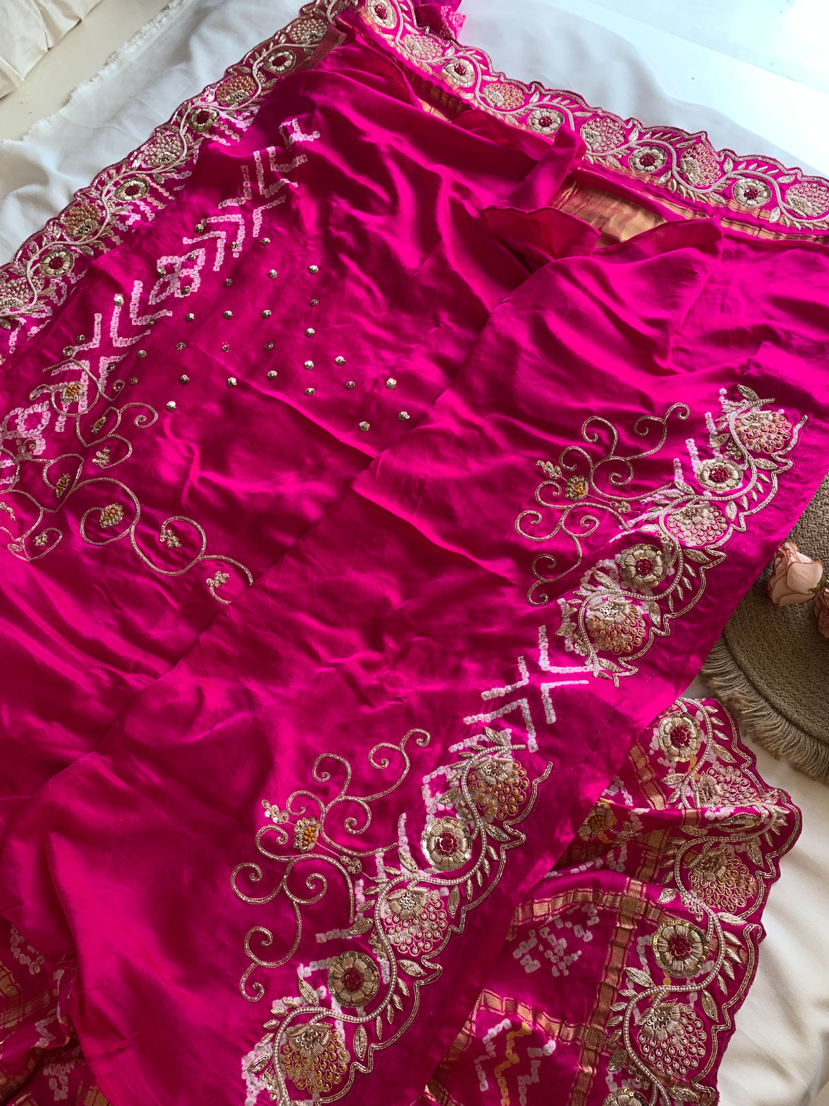 Pink Bandhej Gaji Silk Saree with Gharchola & Zardozi Work (PRE ORDER)