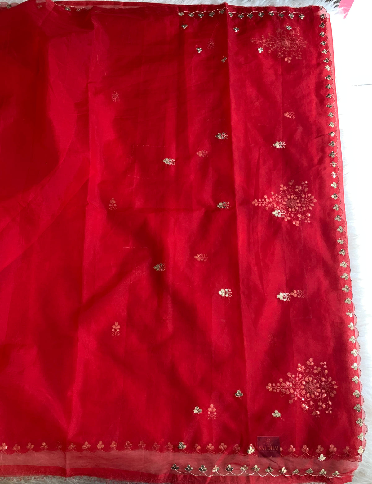 Red Organza Saree with Gota & Pearl Work 5893 07