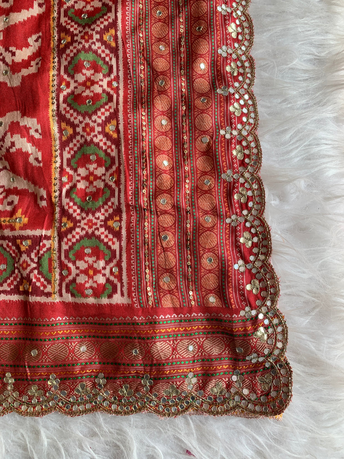 Red Patola Silk Saree with Animal Motifs & Mirror Work 5932 01