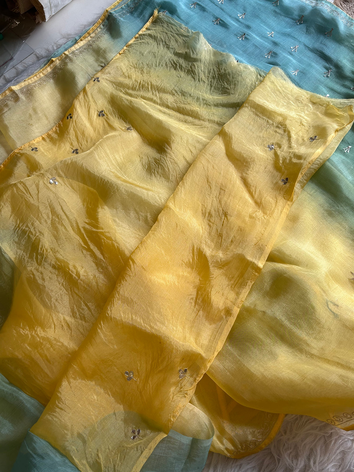 Yellow & Green Shaded Kora Silk Saree 5919 09