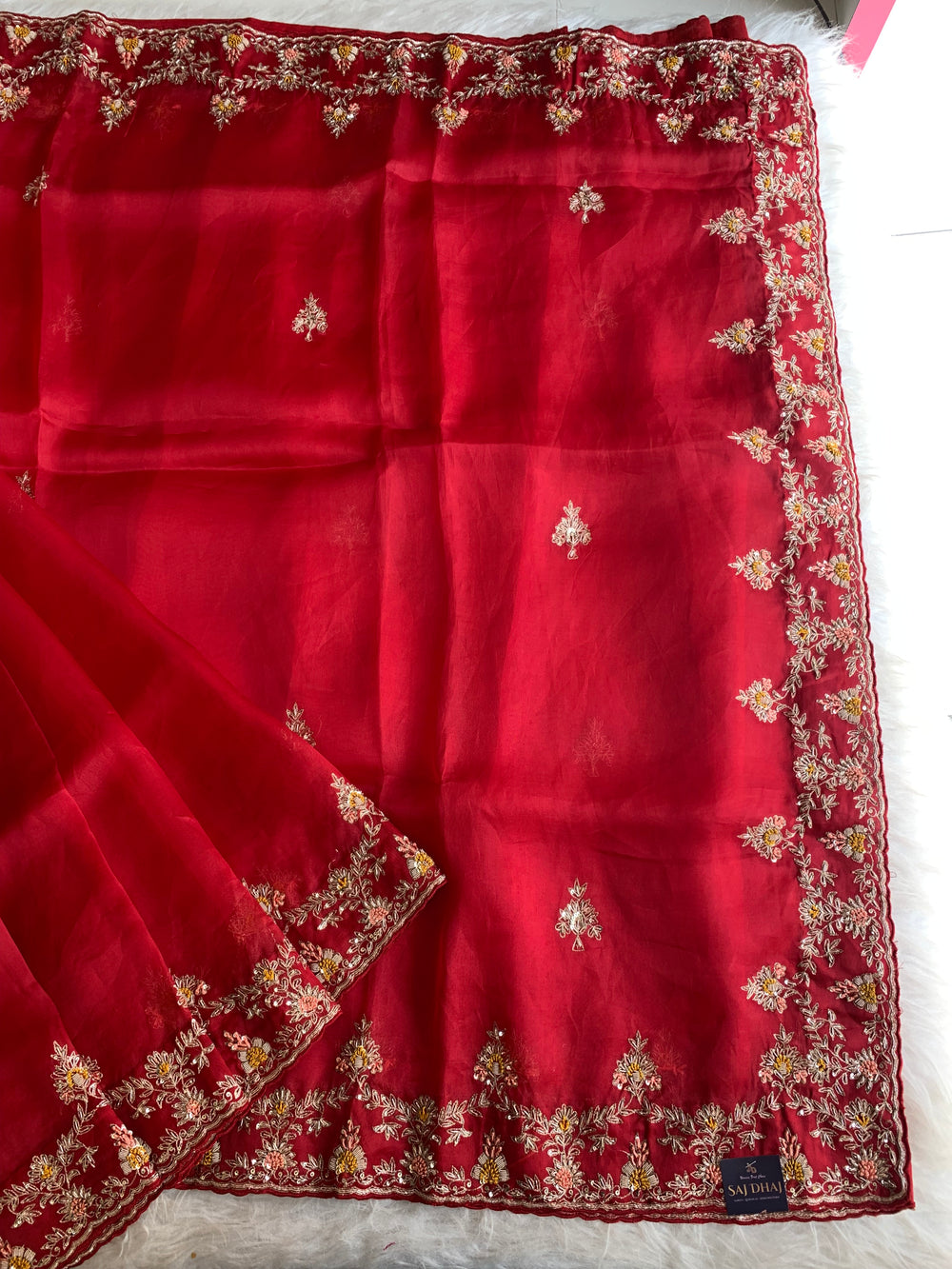 Red Pure Organza Saree with Zardozi & Aari Tari 5921 02
