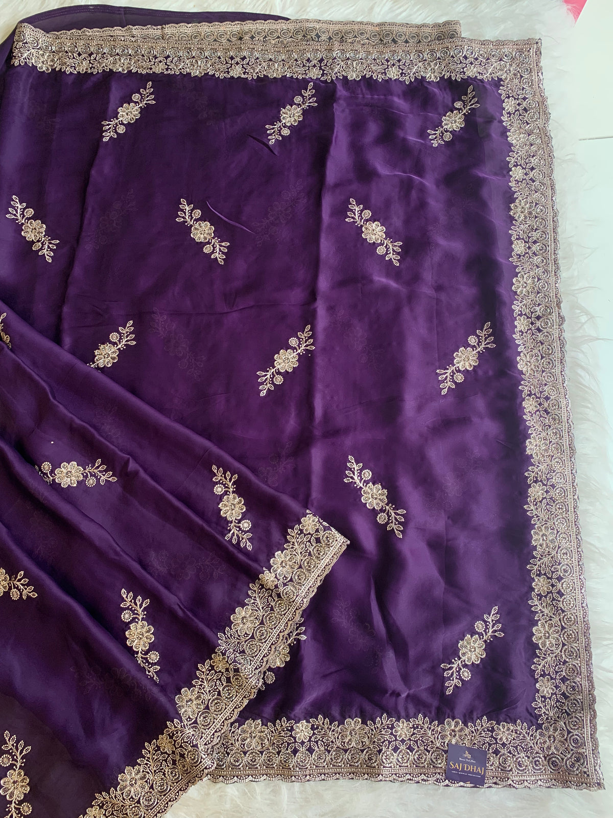 Purple Organza Saree with Aari, Stone & Thread Work 5915 07