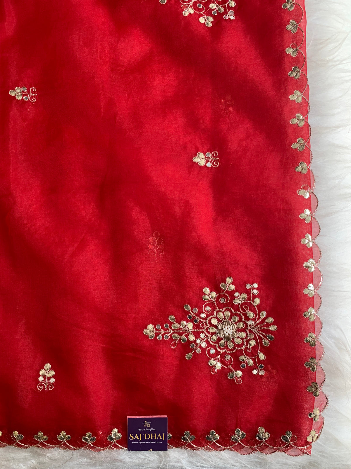 Red Organza Saree with Gota & Pearl Work 5893 07