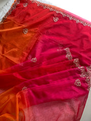 Red, Orange & Pink Shaded Organza Saree with Aari & Zardosi Work 5902 12