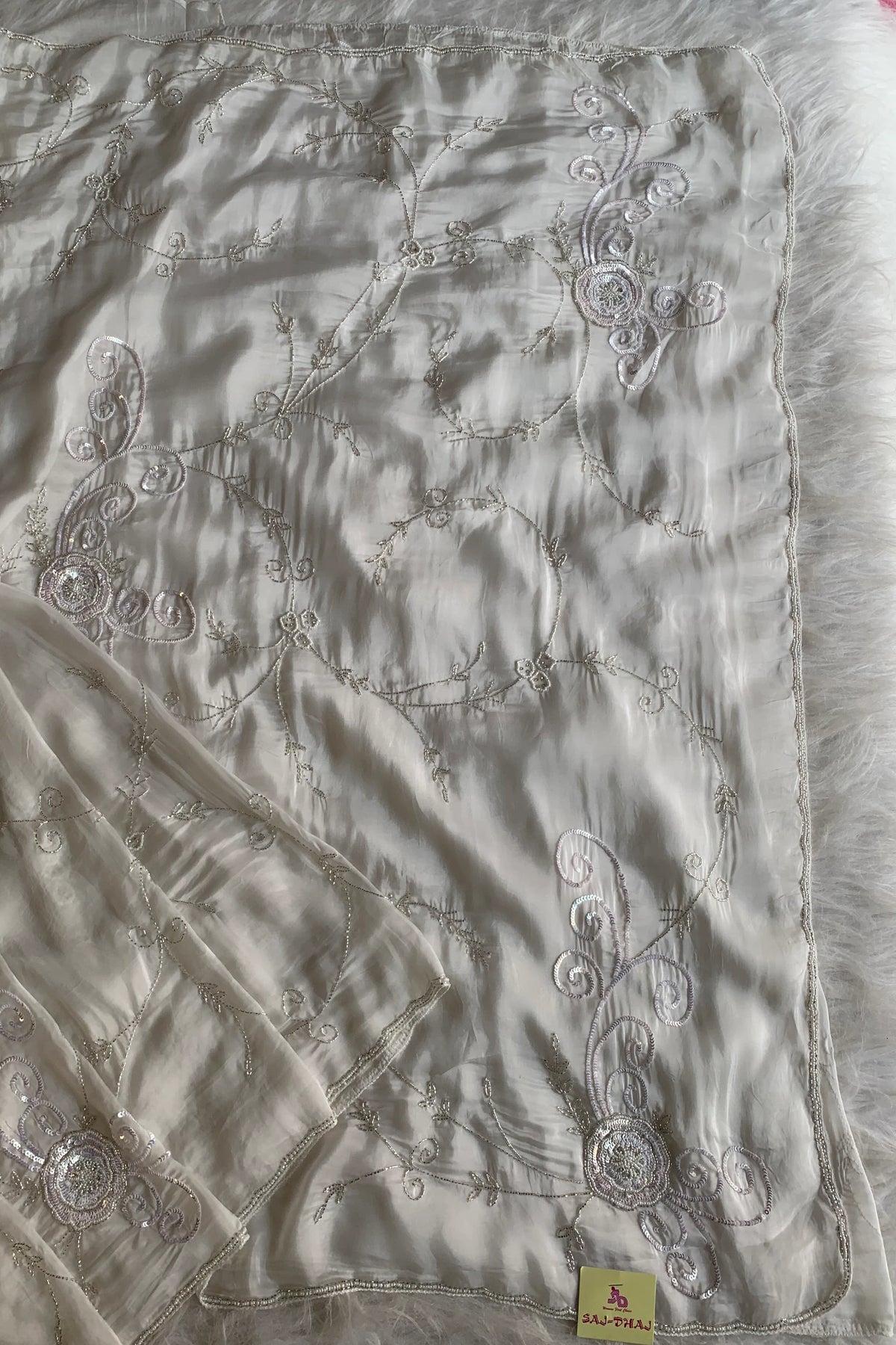 White Embellished Habutai Silk Saree 5365 12