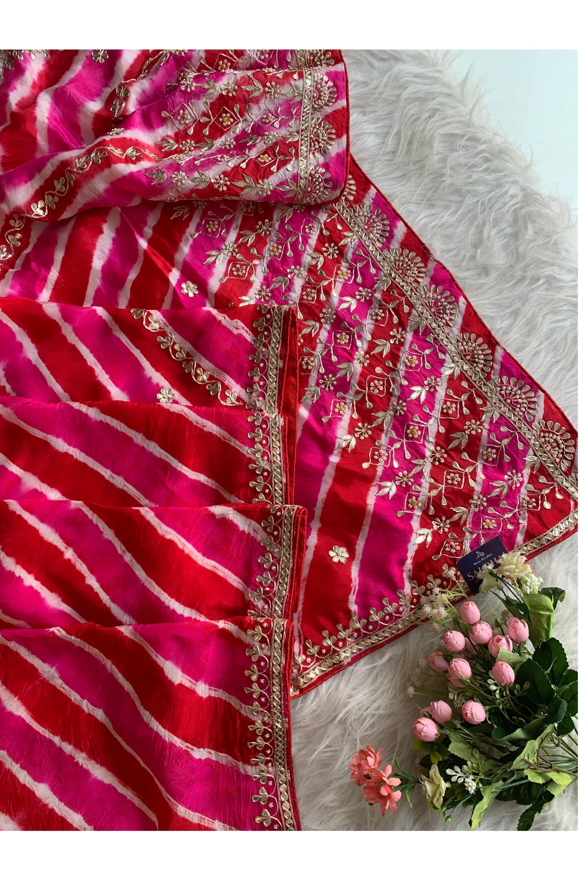 Pink & Red Leheriya Pallu Jaal Saree 5837 02