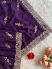 Purple Organza Saree with Aari, Stone & Thread Work 5915 07