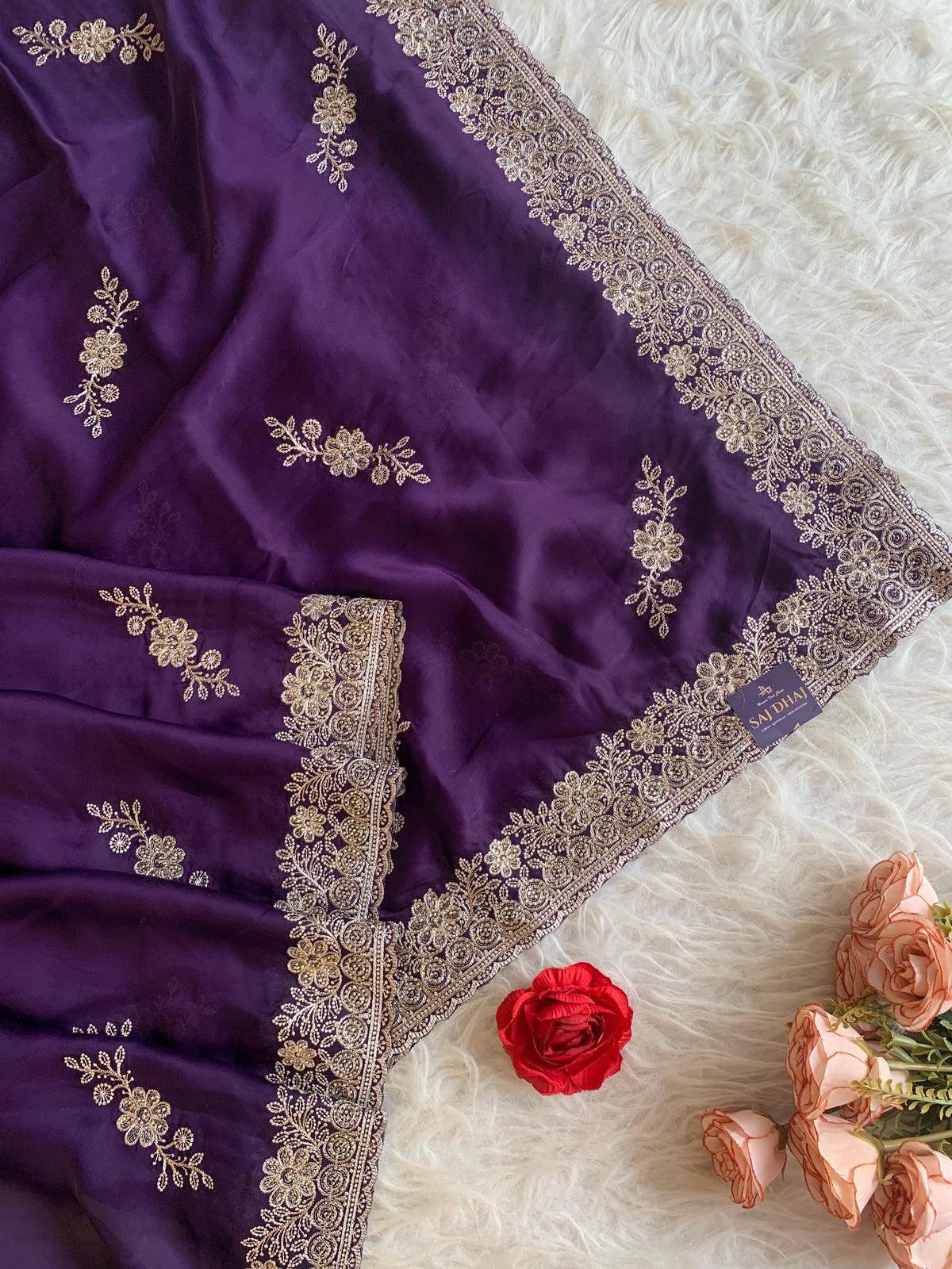 Purple Organza Saree with Aari, Stone & Thread Work 5915 07
