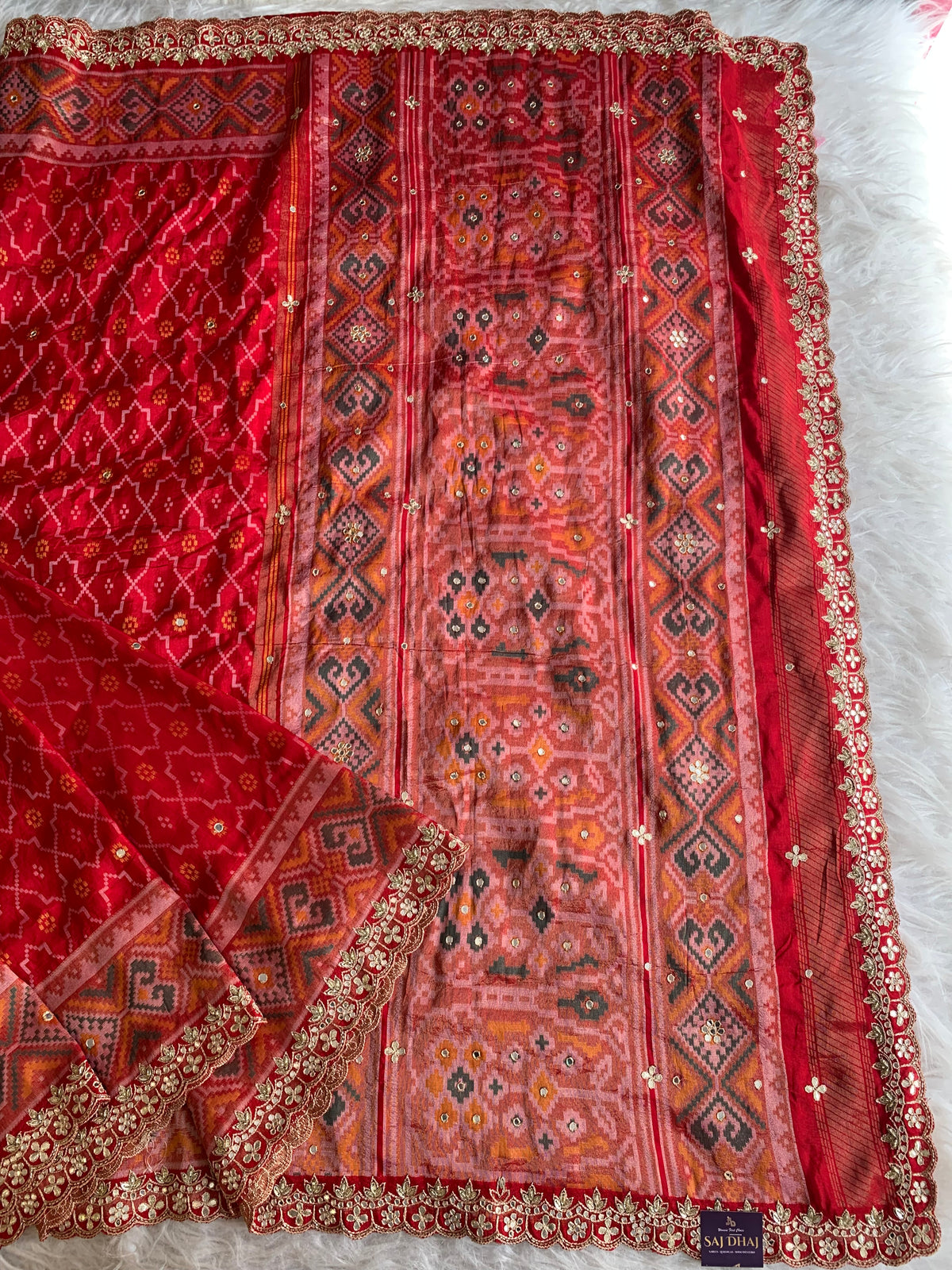 Red Patola Silk Saree with Aari, Gota, Mirror & Cutdana Work 5939 01