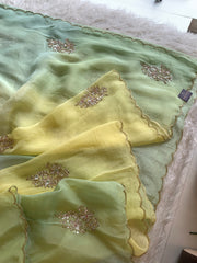 Yellow & Green Kora Silk Saree with Zardosi & Sequin Work 5919 07