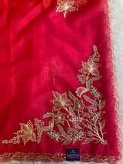 Pink, Red & Orange Organza Saree with Aari Leaf Border 5902 13