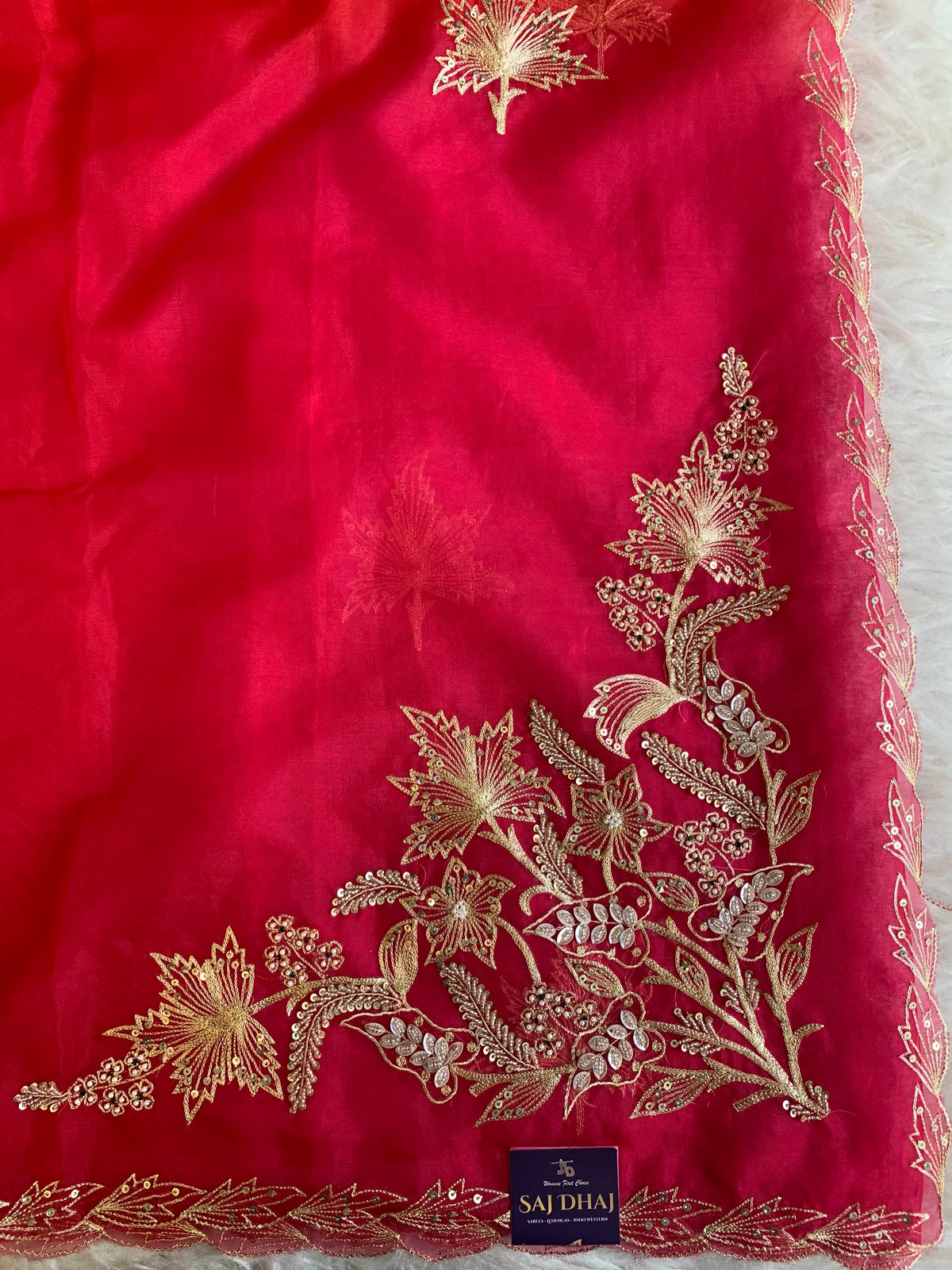 Pink, Red & Orange Organza Saree with Aari Leaf Border 5902 13