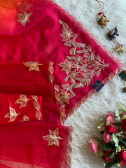 Pink, Red & Orange Organza Saree with Aari Leaf Border 5902 13