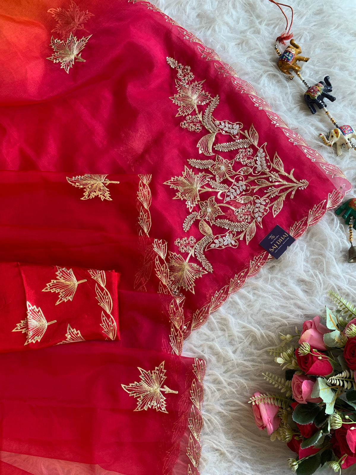 Pink, Red & Orange Organza Saree with Aari Leaf Border 5902 13
