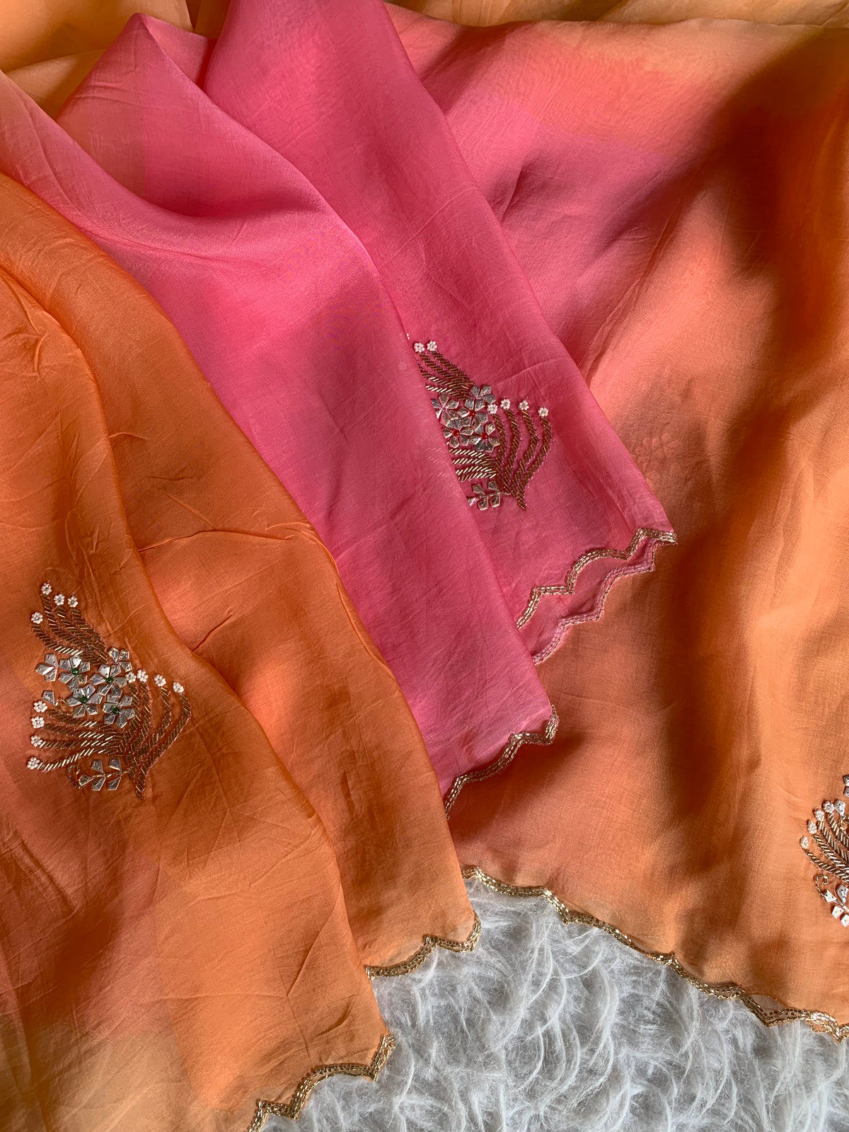 Orange, Peach & Pink Shaded Kora Silk Saree with Pearl & Sequin Work 5919 06