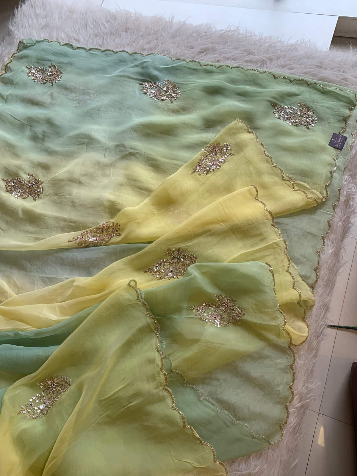 Yellow & Green Kora Silk Saree with Zardosi & Sequin Work 5919 07