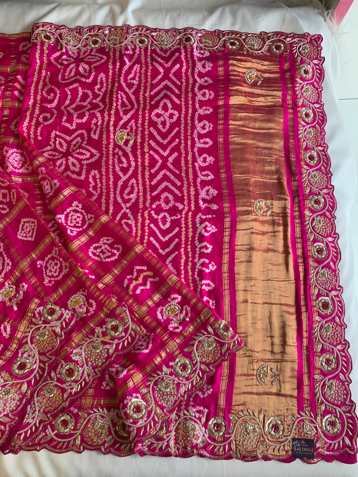 Pink Bandhej Gaji Silk Saree with Gharchola & Zardozi Work (PRE ORDER)