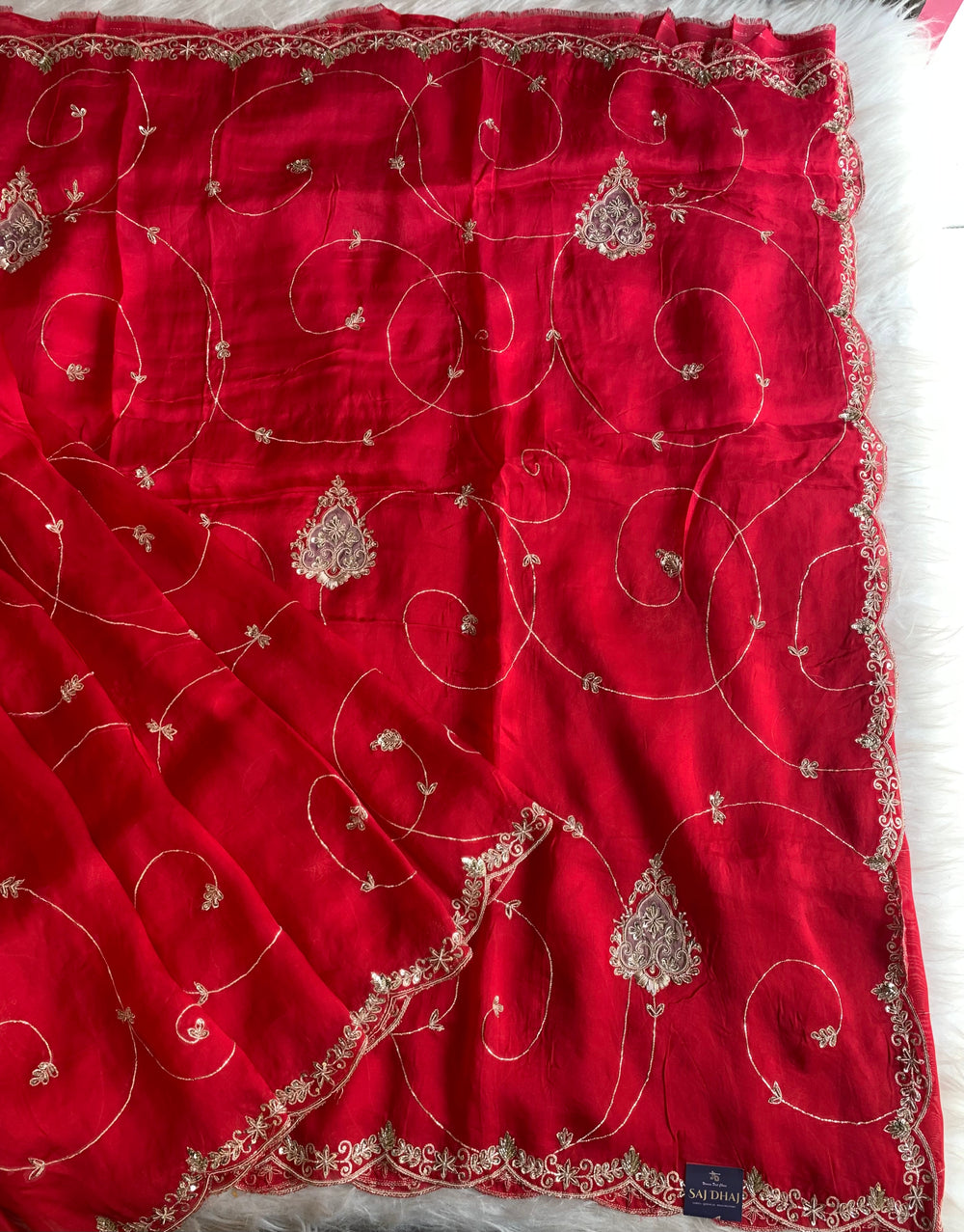 Red Ombre Organza Saree with Appliqué & Zardozi Work 5895 21