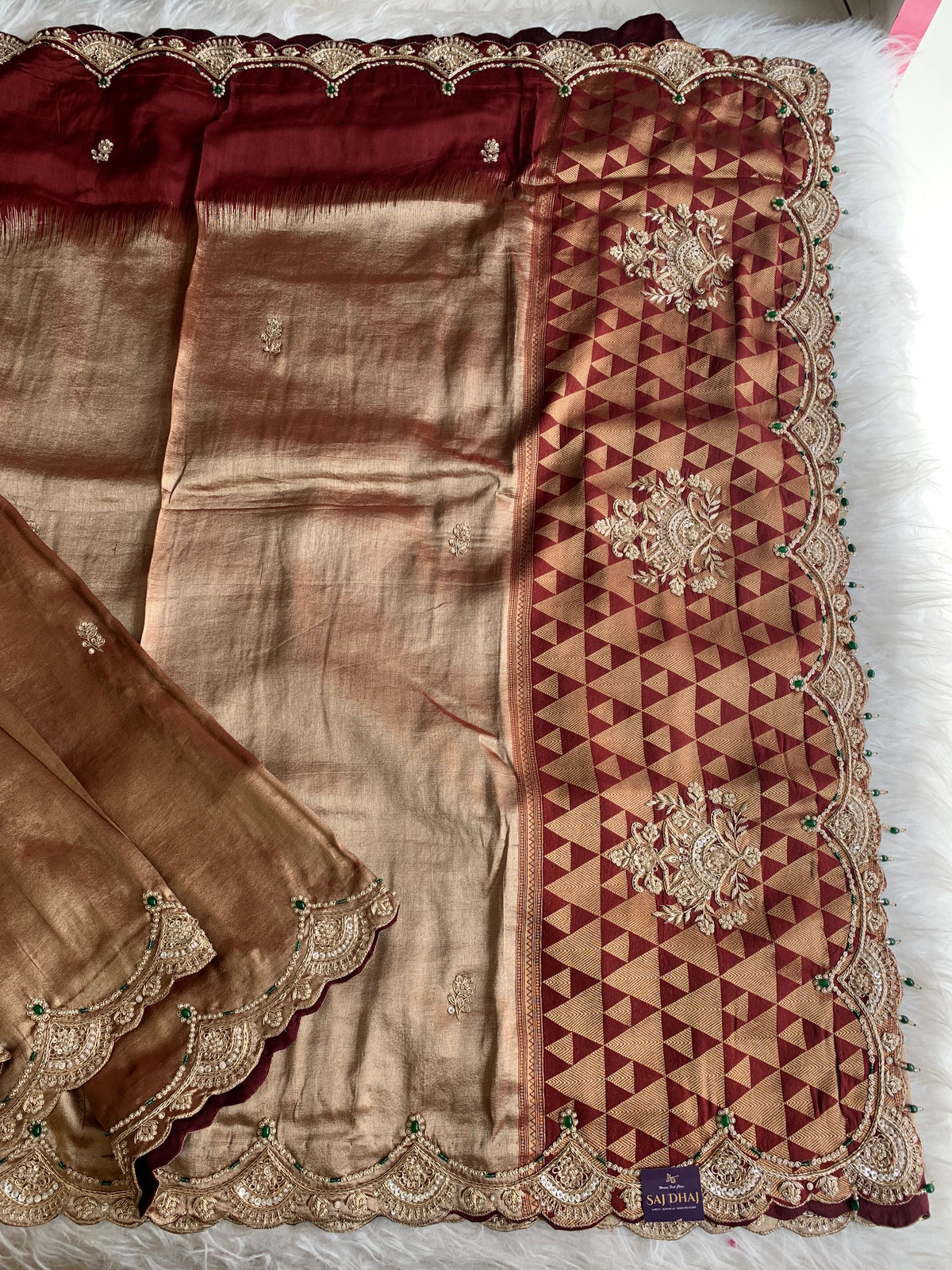 Maroon Tissue Saree with Gold Weaving & Zardosi Work 5895 09 (PRE ORDER)